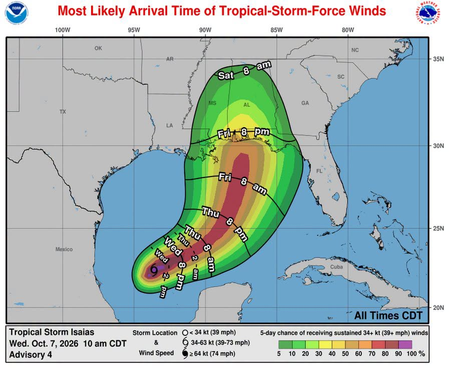 NWSTallahassee's tweet photo. 11am Isaias Update: Tropical Storm/Hurricane Watches now in effect for many coastal locations across the northern Gulf. Storm surge watch in effect as well. #FLwx #ALwx #GAwx https://t.co/7lBH1dc9tt