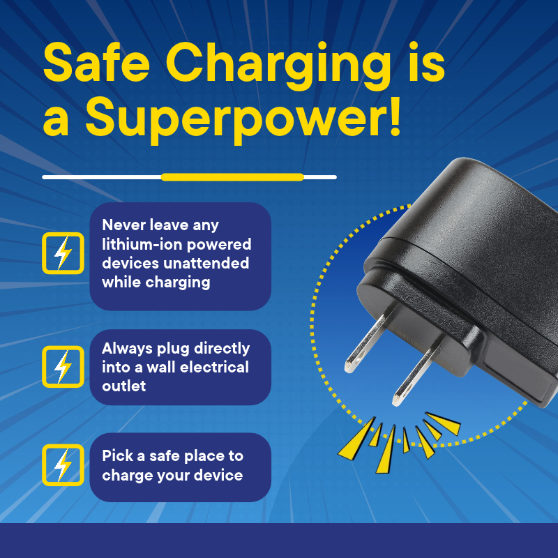 VaFirePrograms's tweet photo. Fire Prevention Week™ is October 4–10, 2026. “Charge Into Fire Safety™. Safe Charging Is a Superpower” focuses on the everyday charging habits that can help reduce the risk of lithium-ion battery fires and keep homes and communities safer. https://t.co/QagTdlwkzR