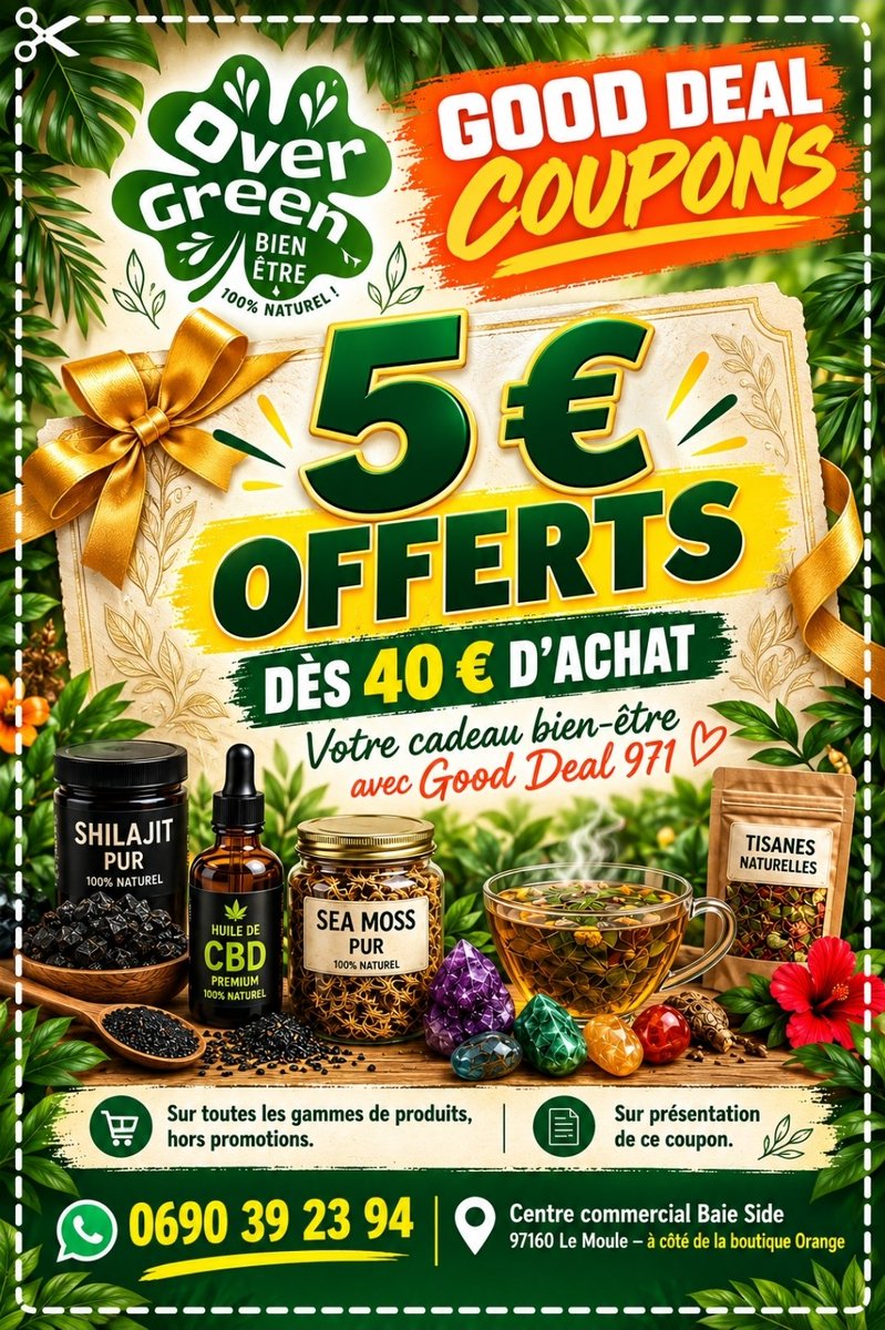 gooddeal971's tweet photo. 🌿🎁 5 € OFFERTS chez OverGreen Bien-Être dès 40 € d’achat, sur présentation du coupon Good Deal !

📍 Centre commercial Baie Side, Le Moule
📱 0690 39 23 94
✅ Hors promotions en cours

« Sé Good Deal ki voyé mwen ! » 😉

#GoodDeal971 #BonPlanGuadeloupe https://t.co/Nq7fBtdwfE