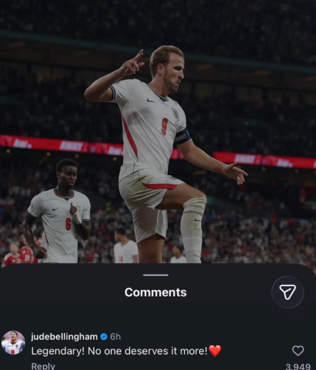 KalshiFC's tweet photo. 🚨📲| Jude Bellingham’s comment under Harry Kane’s IG post: 

“Legendary! No one deserves it more❤️” 👀 https://t.co/6PN2bYDKXo