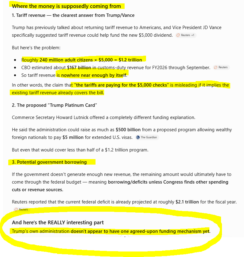 MerandaDevan's tweet photo. 💰 THE $5,000 

Trump has promised a $5,000 “dividend” if Republicans retain Congress. Many assume tariffs will pay for it. But the math doesn’t work: the proposal could cost $1.2+ TRILLION.  Tariff revenues is no where enough. If the rest is borrowed, Congress must approve it. https://t.co/uAE1oRZiAX