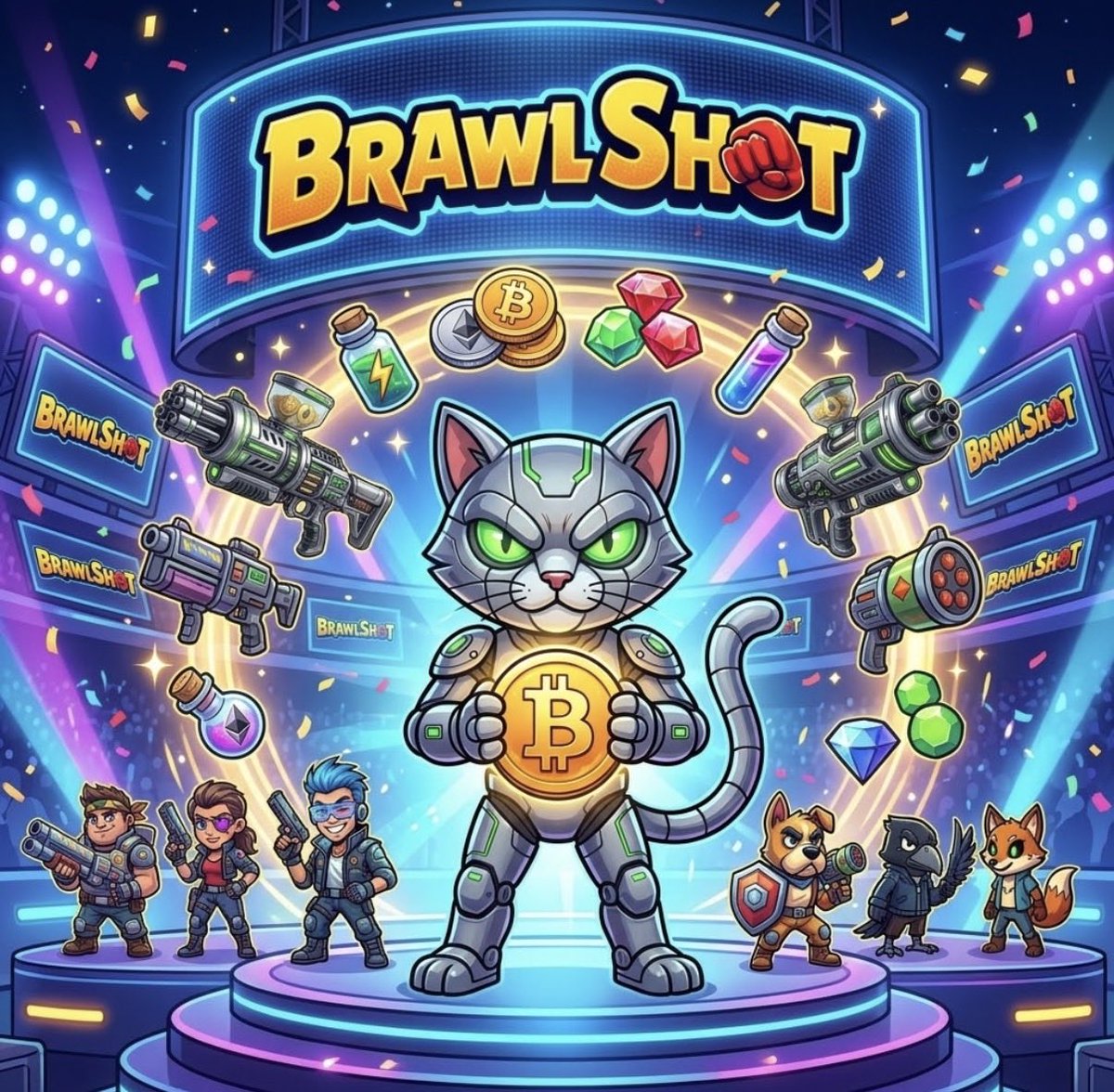 brawlshot_exe's tweet photo. Ready for a total upgrade? 

Our token is launching soon! Our coin will be the heart of the BrawlShot economy, letting you buy unique weapons, rare skins, and upgrade characters. 

Get ready to hit the arena! https://t.co/oHXXh5h5pE