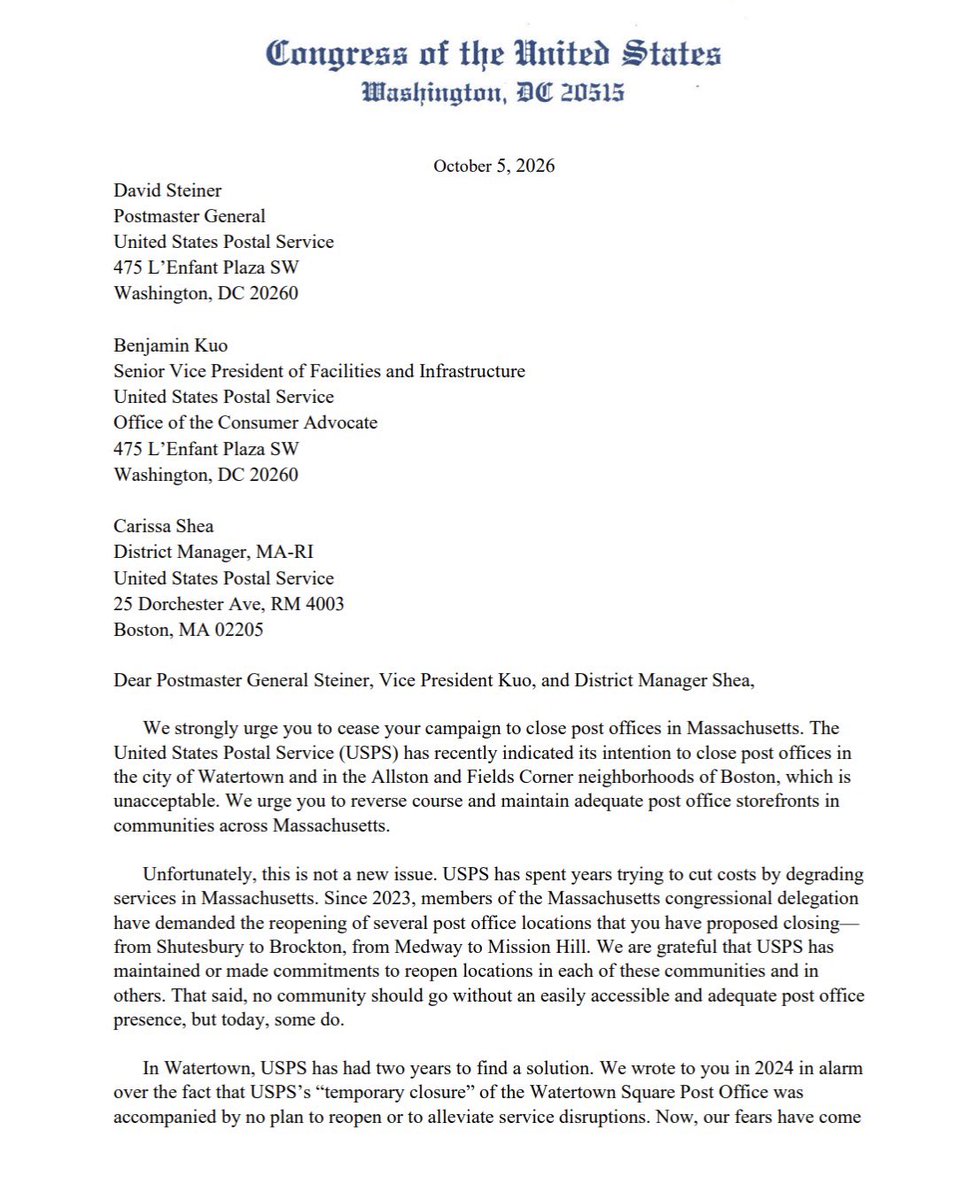 RepStephenLynch's tweet photo. When the @USPS  arbitrarily closes local post offices without meaningful public input, our local communities are left with serious service disruptions, and our dedicated postal workers end up with unmanageable workloads and costlier delivery routes.
 
We are demanding that the Postal Service immediately stop its proposed post office closures in Boston and other communities across Massachusetts and instead hold public hearings to allow any impacted residents an opportunity to voice their concerns about degradations in mail service.
 
The statutory mission of the United States Postal Service is to serve every American community nationwide and deliver the mail to every home and business six days a week. It should stay that way!