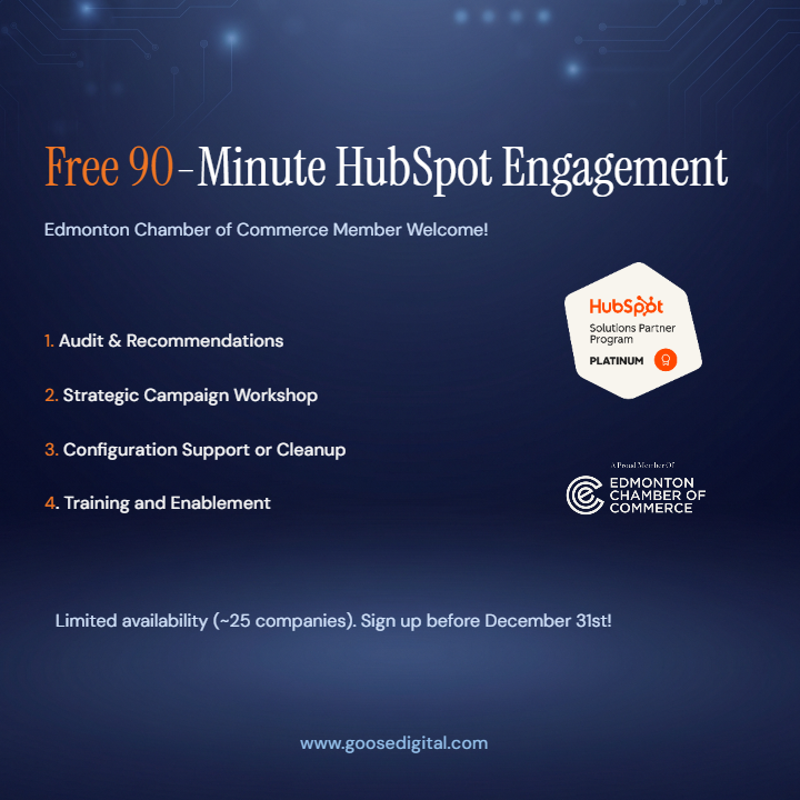 GooseDigital's tweet photo. 👋 Hello Edmonton Chamber of Commerce community!

Our team at Goose Digital (a Platinum HubSpot Solutions Partner) is offering an exclusive Free 90-Minute HubSpot Engagement for Edmonton Chamber members.

Sign up here: https://t.co/FiMiXKJFMB https://t.co/25WRecqN29