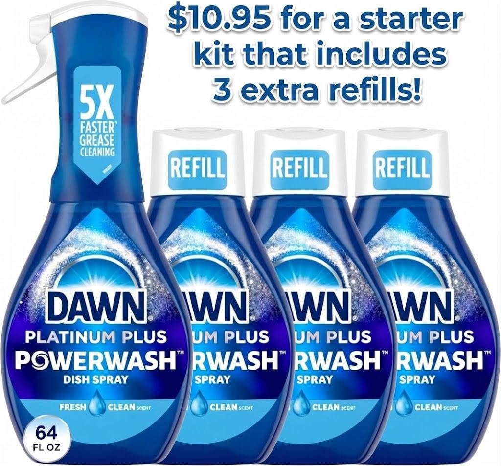 realballadolla's tweet photo. Great stock-up price for Dawn Platinum Plus Powerwash! Starter Kit and 3 extra refills for only $10.95 with S&amp;S! (And this stuff is GREAT!) 💙 #ad https://t.co/EWu3r7RiYu #dawn #dawndishsoap #deals #amazondeals #householdessentials https://t.co/i2YkCTpKQt