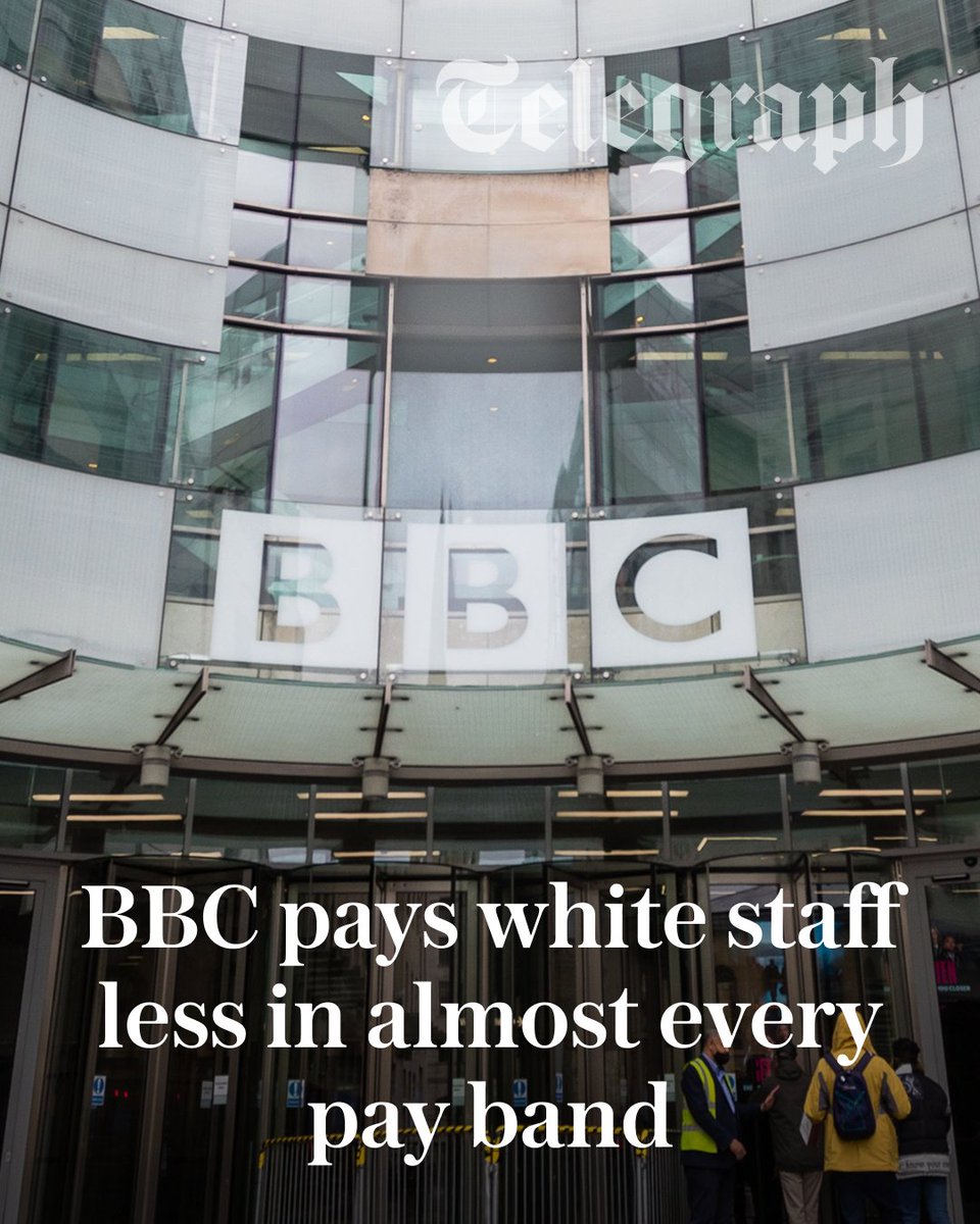 Telegraph's tweet photo. White staff at the BBC earned less on average than ethnic minority colleagues in six of its seven pay bands last year, according to the corporation’s figures.

@_Harry_Brennan_ breaks down everything those figures suggest ⬇️
https://t.co/2N5OwuLJ2P https://t.co/txY1YGckLC