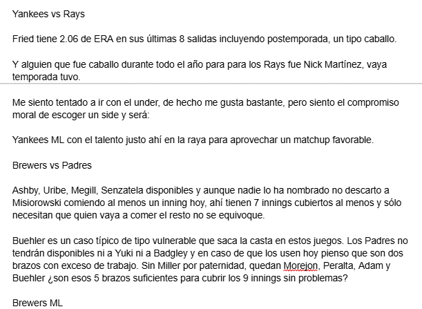 SportsAndBets6's tweet photo. Mi récord por acá, si no me falla la memoria, lo dejé con 9 verdes y 4 rojos en 13 picks.

Acá vamos con la jornada completa. 

Poco a poco se acaba el béisbol este año, el de MLB digo. https://t.co/wgkmE3jZwa