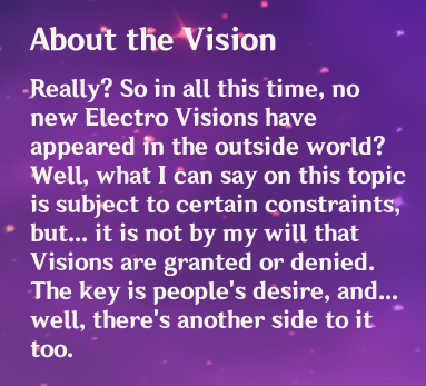Used228's tweet photo. Since we are getting hit with "she doesn't know"
-Ei already saw visions as bad and extra losses for human short lifespan
-she already know there is another side to visions unlike us
-she wanted to overcome cycle of life and death
-suspicious description in inazuma event https://t.co/J7ykCIplZH