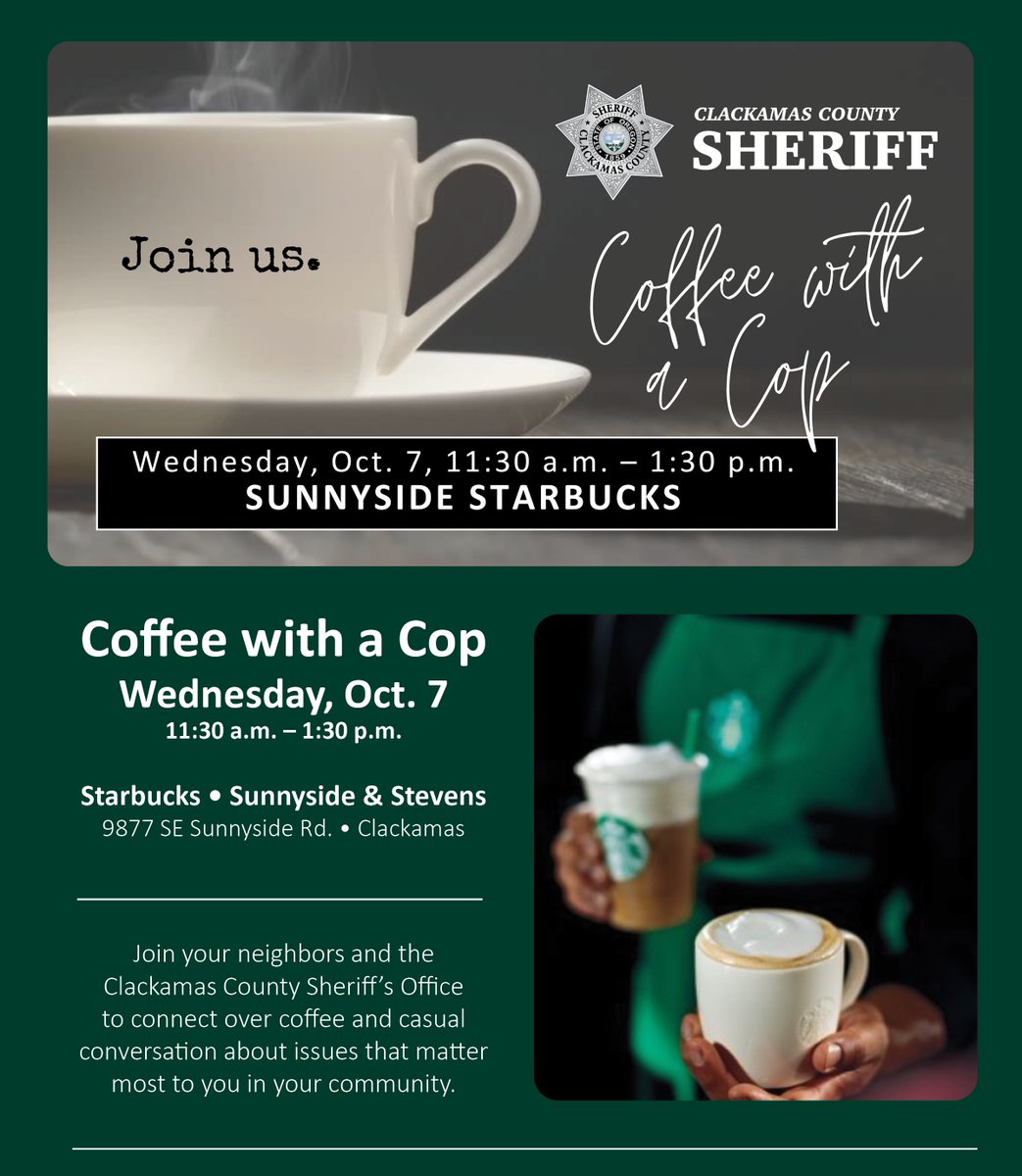ClackCoSheriff's tweet photo. One reason you might want to stop by our #CoffeeWithACop event today: While we can't sell our Pink Patches there, we WILL be giving away limited supplies of our Pink Patch stickers (pictured)!
Coffee With A Cop happens today (Oct. 7) from 11:30 a.m. – 1:30 p.m. Details in flyer. https://t.co/od81eMAHAQ