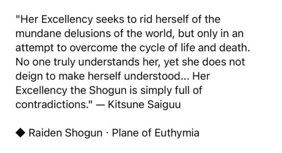 Used228's tweet photo. Since we are getting hit with "she doesn't know"
-Ei already saw visions as bad and extra losses for human short lifespan
-she already know there is another side to visions unlike us
-she wanted to overcome cycle of life and death
-suspicious description in inazuma event https://t.co/J7ykCIplZH