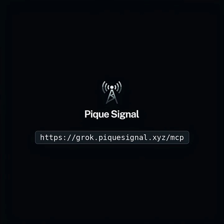 A dark screen displays the Pique Signal logo and the URL “https://grok.piquesignal.xyz/mcp.”