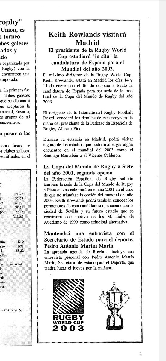 Blog_APalos's tweet photo. 🔴 El otro día hablaba con uno de los habituales de la famosa candidatura de España a organizar el Mundial de 2003 y he conseguido localizar la información oficial en los boletines de la (R)FER. Qué tiempos aquellos... https://t.co/WFVFp8CJhD