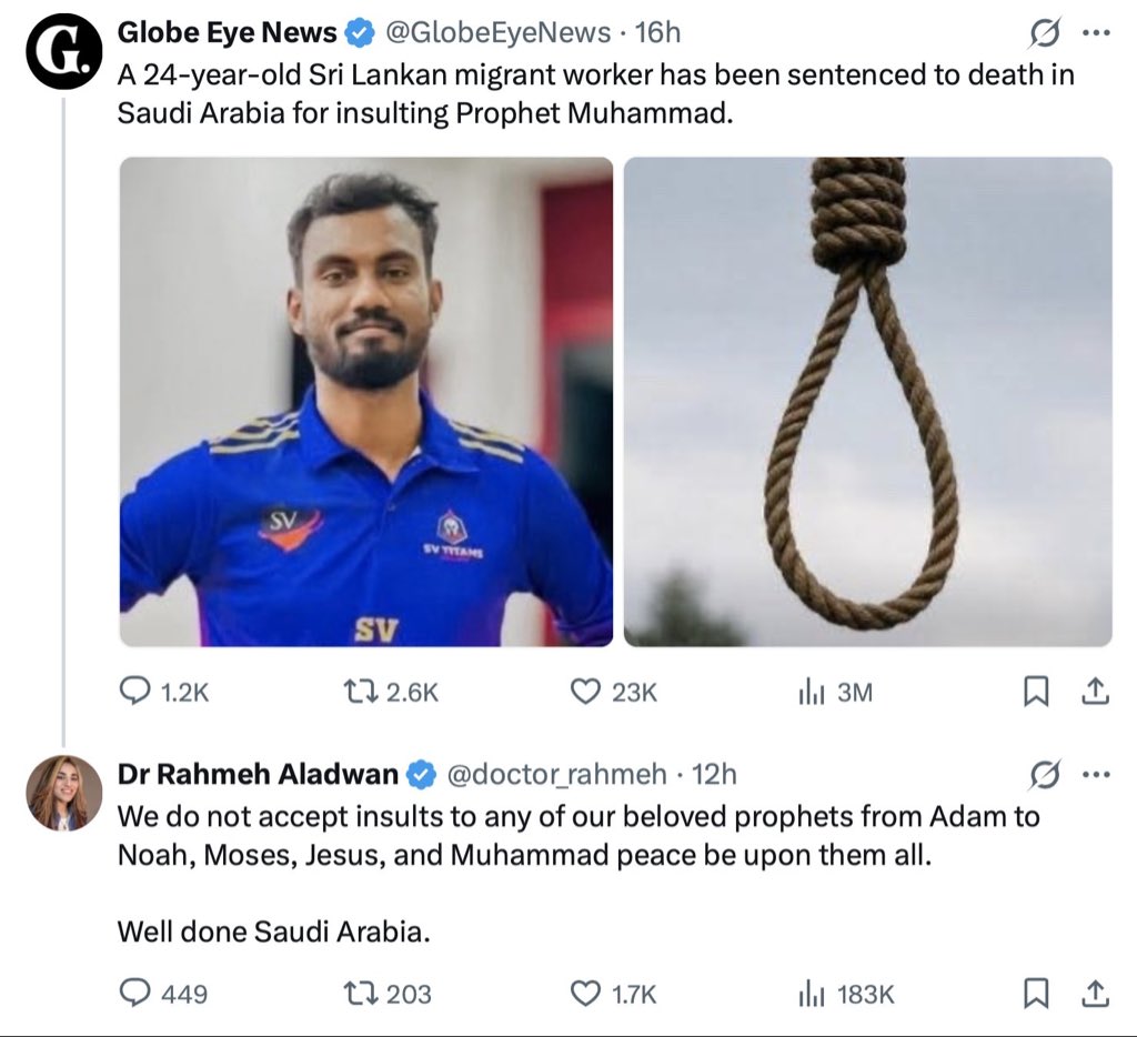 sharghzadeh's tweet photo. Muslims beg Whites to abide by their liberal principles (free speech) if it is expedient for Muslims, but also support the death penalty for speech if it hurts their Muslim feelings.

This is why no one takes us seriously. We have no principles or morals, just means to an end. https://t.co/UCJiD4PMXG