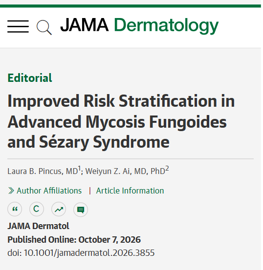 JAMADerm's tweet photo. 💬 Editorial: In advanced #MycosisFungoides and #SézarySyndrome, the Cutaneous Lymphoma International Prognostic Index may help identify patients at diagnosis who need closer monitoring, different treatment intensity, or clinical trial consideration. 

https://t.co/cSzRmgZ2Q7 https://t.co/NbHCLFiWQU