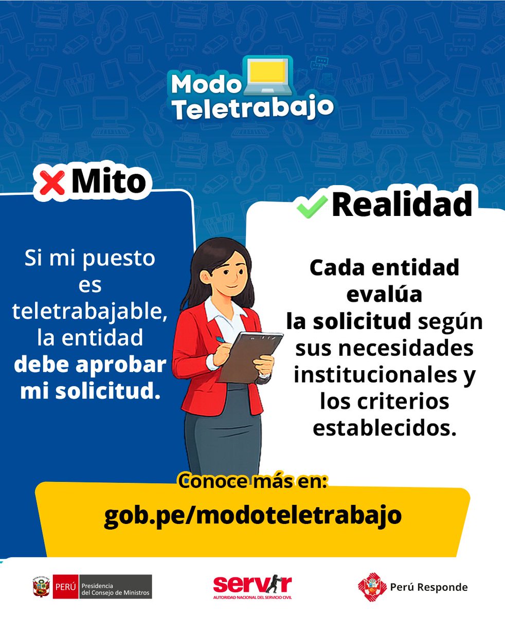 SERVIR_PERU's tweet photo. 📌 Que un puesto sea teletrabajable no significa que la solicitud de teletrabajo se apruebe automáticamente.

📣 Cada entidad evalúa considerando sus necesidades institucionales y los criterios establecidos.

👉 Conoce más en https://t.co/40PggbEtRC https://t.co/j1xi7tJsnd