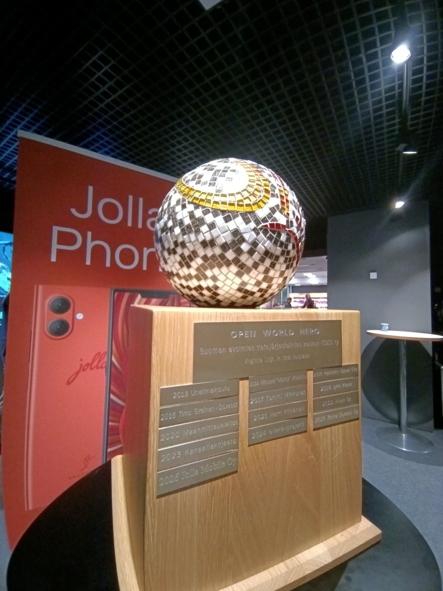 JollaHQ's tweet photo. We're back from @MindTrek_ in Tampere with the Open World Hero 2026 award from @cossfi. 

Thank you, Mindtrek, and everyone we met 🫶

#Jolla #SailfishOS #DigitalSovereignty #COSSFI #OpenWorldHero #Mindtrek26 https://t.co/iBSQOnSNzt