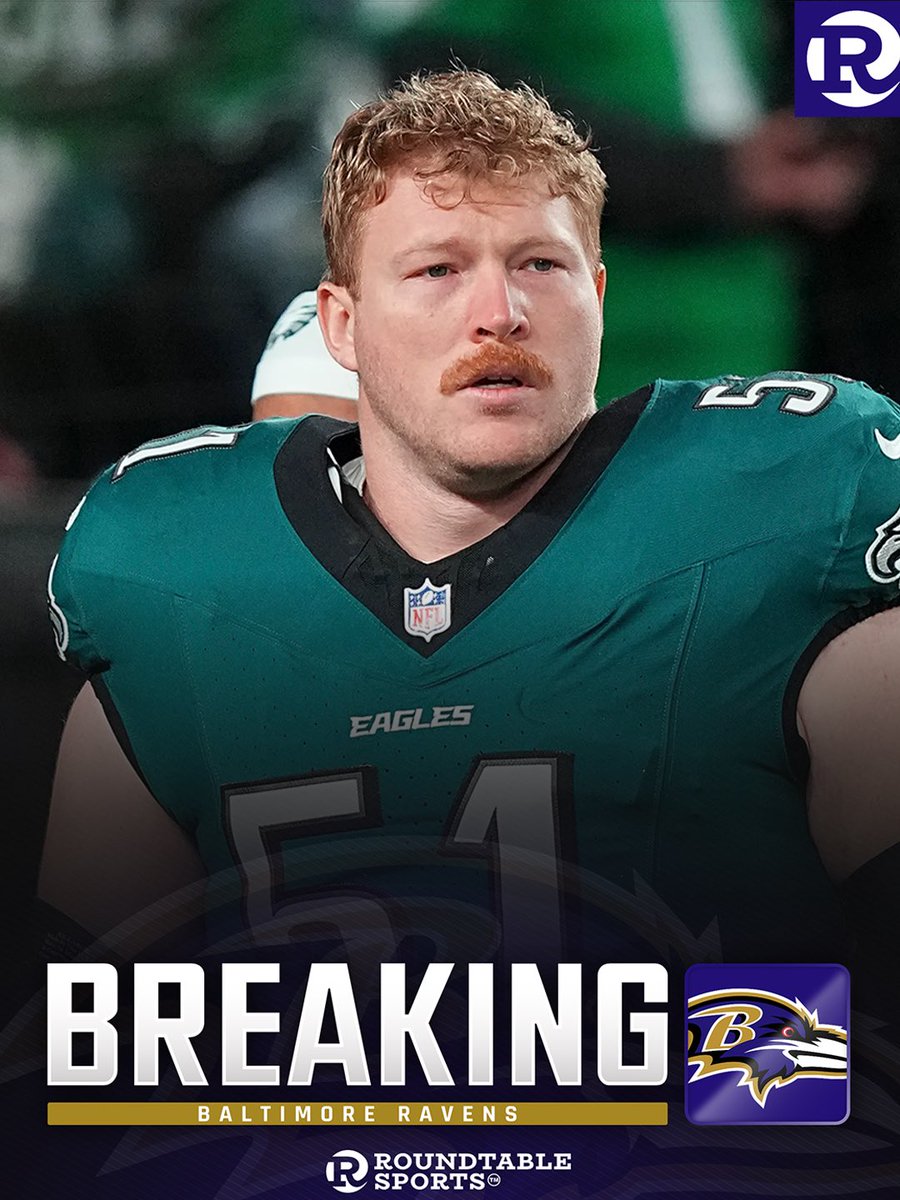 RoundtableSN's tweet photo. #Eagles are sending two-time Pro Bowl center Cam Jurgens and a 2027 7th-round pick to the Ravens in exchange for a 2027 5th-round pick and a 2028 2nd-round pick, per @AdamSchefter 

#FlyEaglesFly |#RavensFlock https://t.co/R4dWlOM7Mq
