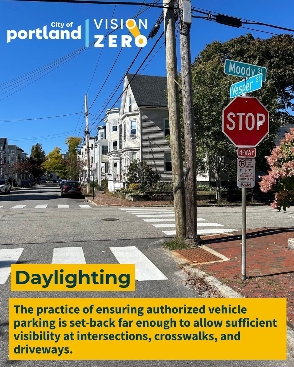 CityPortland's tweet photo. We’ve started daylighting crosswalks across #PortlandMaine. This is the practice of ensuring authorized vehicle parking is set-back far enough to allow sufficient visibility at intersections, crosswalks, &amp; driveways. Learn more: https://t.co/FDnAN2dgSq. https://t.co/MsVVtJdR56
