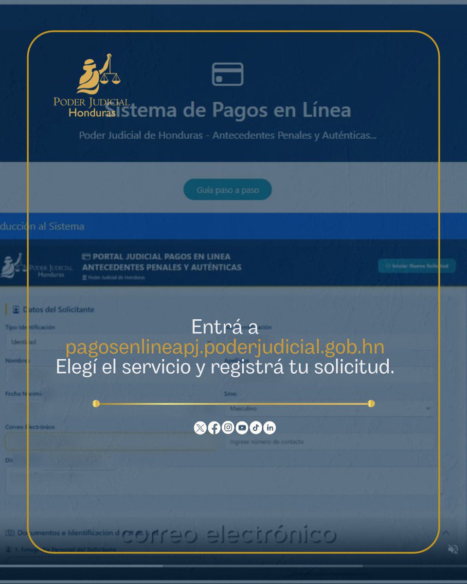 PJdeHonduras's tweet photo. No necesitás  la atención presencial para gestionar tus antecedentes penales. Durante la Semana Morazánica, ingresá al portal, completá tu solicitud y seguí los pasos que te indique el sistema. Antes de enviarla, comprobá que tus datos y tu correo estén correctos.

https://t.co/qTW5Fmk6RF

#SemanaMorazánica #AntecedentesPenales #PoderJudicialHN