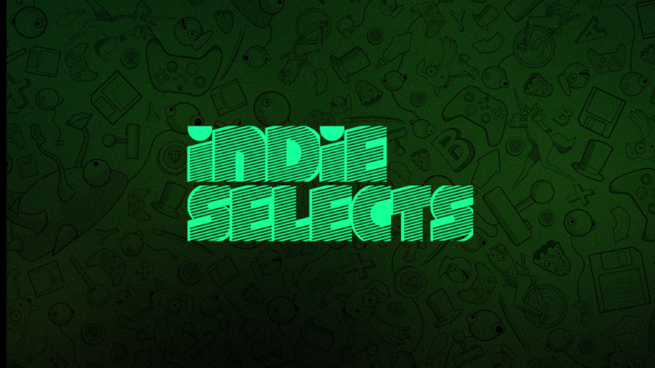 The image displays the text "INDIE SELECTS" in a stylized, horizontally-striped green font against a dark background featuring faint gaming and pop culture iconography, serving as the title graphic for October's Indie Selects game roundup highlighted in the post.