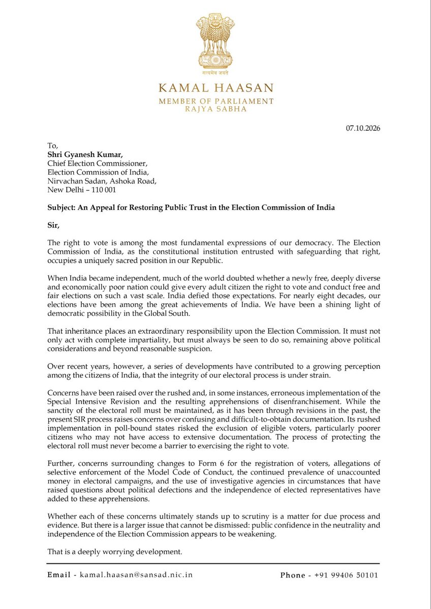 MouryaMNM's tweet photo. The EC is the guardian of every Indian’s right to vote. When that trust is under strain,the CEC must meet elected representatives, address their concerns and reaffirm the Commission’s independence &amp; impartiality

MNM President @ikamalhaasan wites to CEC @ECISVEEP

@maiamofficial https://t.co/CEdw1O1V2M