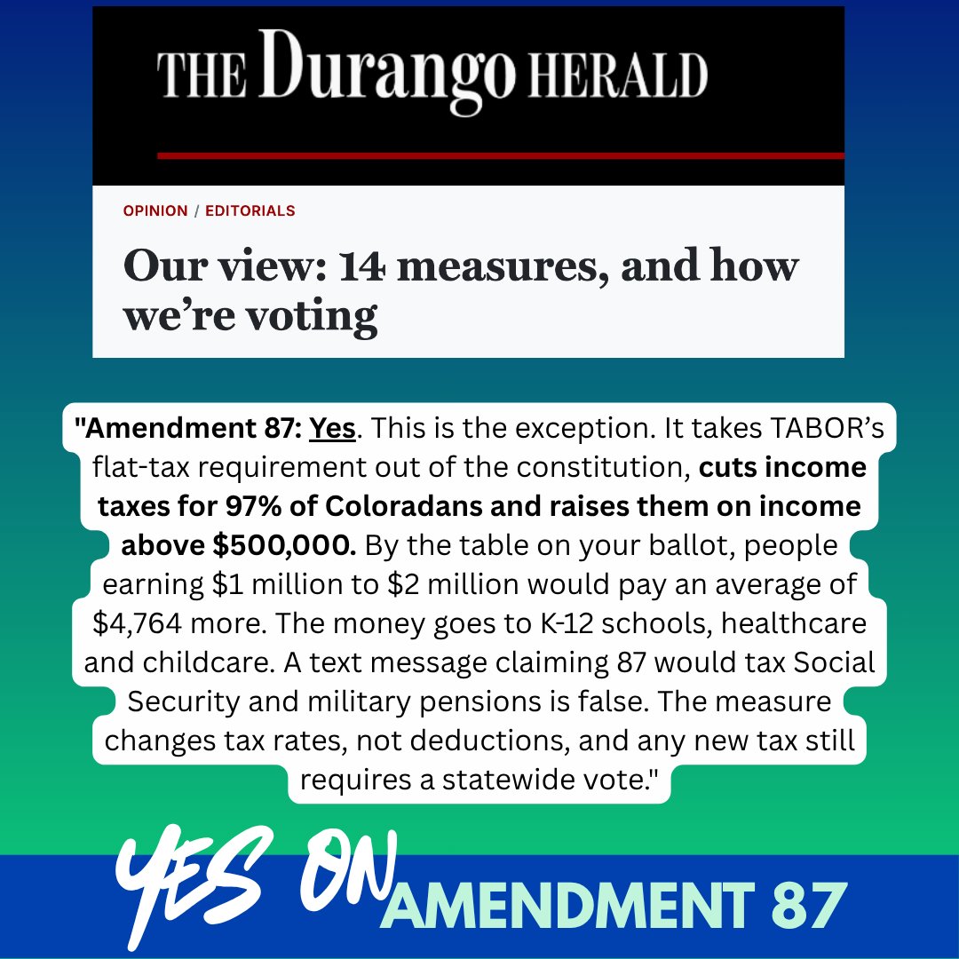 protectcofuture's tweet photo. BREAKING: The Durango Herald endorses Amendment 87 and also urges voters to vote NO on 136 https://t.co/PrQIGcyuCd

#IncomeTaxFairnessAct #NoOn136 #YesOn87 #COPollitics https://t.co/koaEdKQ3BF