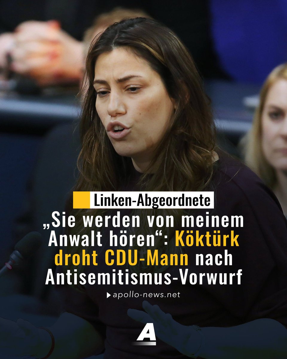 apollo_news_de's tweet photo. Die Linken-Abgeordnete Cansın Köktürk hat in der Bundestagsdebatte zum Jahrestag des Hamas-Massakers vom 7. Oktober 2023 dünnhäutig auf Antisemitismus-Vorwürfe reagiert. „Sie werden von meinem Anwalt hören“, sagte sie zum CDU-Abgeordneten Jürgen Hardt.
https://t.co/4QK5Ya5YFY https://t.co/IOyuYRSlOE
