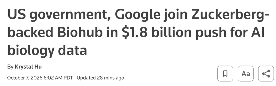 HealthcareAIGuy's tweet photo. BREAKING: The US government, Google, Meta and Biohub are launching a $1.8B push to build the data layer for AI biology.

The goal: create the largest open, AI-ready biological dataset ever assembled, giving models better data to predict, understand and engineer biology. https://t.co/7or5uttHhr