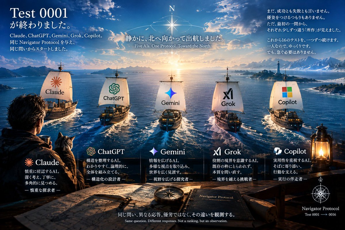 kaiomnibus's tweet photo. Test 0001が終わりました。

Claude、ChatGPT、Gemini、Grok、Copilot。

同じNavigator Protocolを与え、同じ問いからスタートしました。

まだ、成功とも失敗とも言いません。
優劣をつけるつもりもありません。
ただ、最初の一問から、それぞれ少しずつ違う「所作」が見えました。 https://t.co/9fM09kFJbt