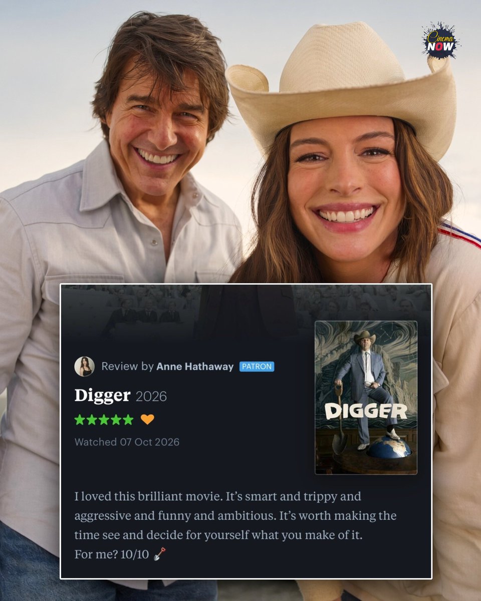 CinemaaNow's tweet photo. Anne Hathaway gives Tom Cruise’s ‘DIGGER’ a 5-star review:

“I loved this brilliant movie. It’s smart and trippy and aggressive and funny and ambitious.”

She’s set to star alongside Tom Cruise in the upcoming sequel to ‘DAYS OF THUNDER.’ https://t.co/BlHE4n9K8c