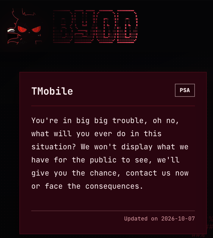 _venarix_'s tweet photo. BYOD Group has listed T-Mobile πΊπΈ (@TMobile) as a potential victim of a #cyberattack.
#TMobile is a major telecommunications company providing wireless voice, messaging, and data services in the #USA πΊπΈ.
Track this and other T-Mobile incidents on VenariX https://t.co/13VriOrT7E