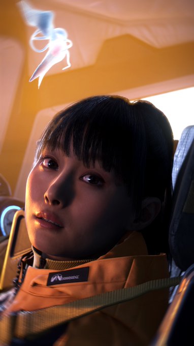 A digital rendering of a young woman with short dark hair wearing an orange high-collar jacket with a "FRAGILE EXPRESS" patch, gazing upward at a glowing, ethereal figure floating above her—fitting the sci-fi aesthetic of #DeathStranding2.