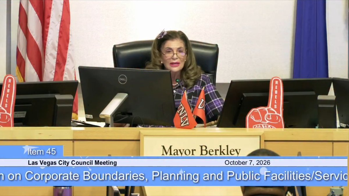 Mayor Berkley is shown presiding over a Las Vegas City Council Meeting on October 7, 2026, with on-screen text reading 'Item 45' and 'on Corporate Boundaries, Planning and Public Facilities/Servic'.