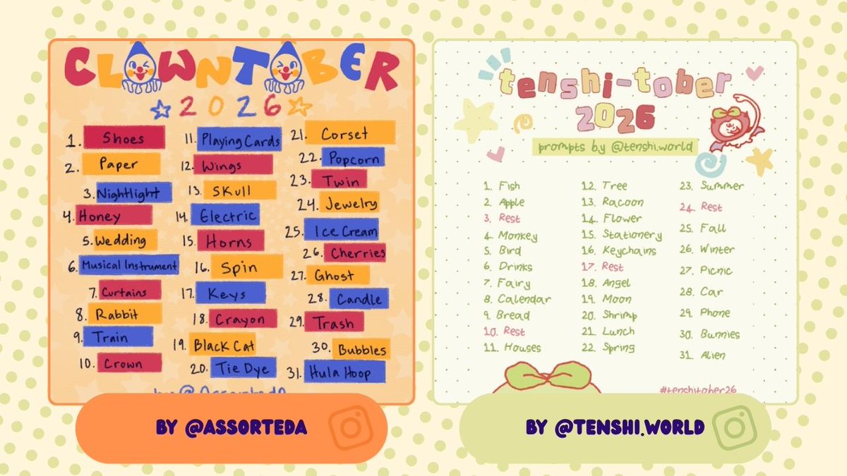 whimsybonk's tweet photo. These are the art prompts I've decide to participate in this season :3!🖍️
#clowntober #tenshitober #peachtober #spooptober https://t.co/UTOnH0xgQ2