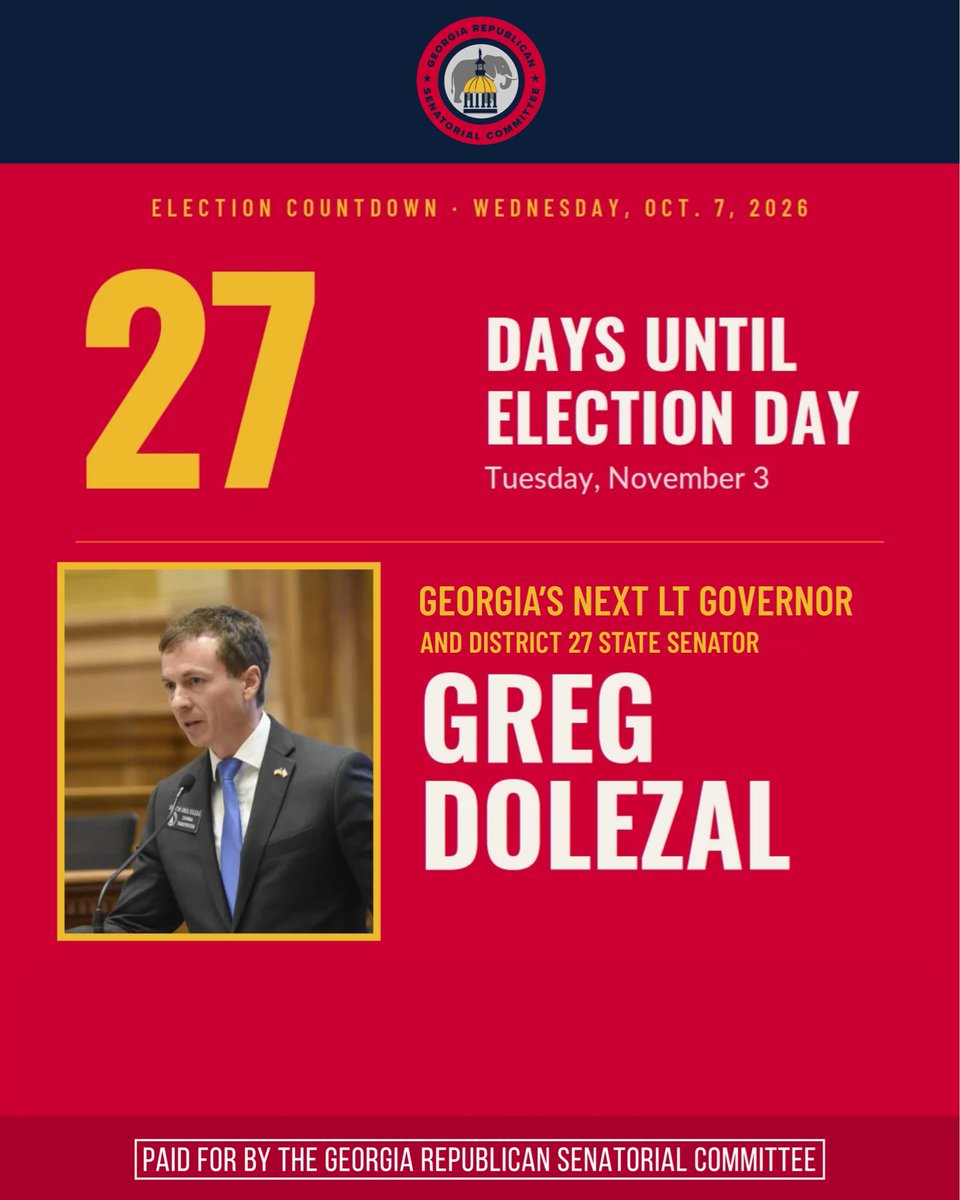 GASenateGOP's tweet photo. We are 27 days away from Election Day, and Georgia’s next Lt. Governor, District 27 State Senator, Greg Dolezal is reminding Georgians what conservative leadership delivers. 

Senate Republicans are excited to keep working with a proven conservative leader like Greg to lower the cost of housing, make sure every child has access to quality education options that work for them and their family, and keep Georgia's communities safe.  

Vote Republican up and down the ballot on Nov. 3.

#gapol #georgia #GASenateGOP #VOTE #RedState