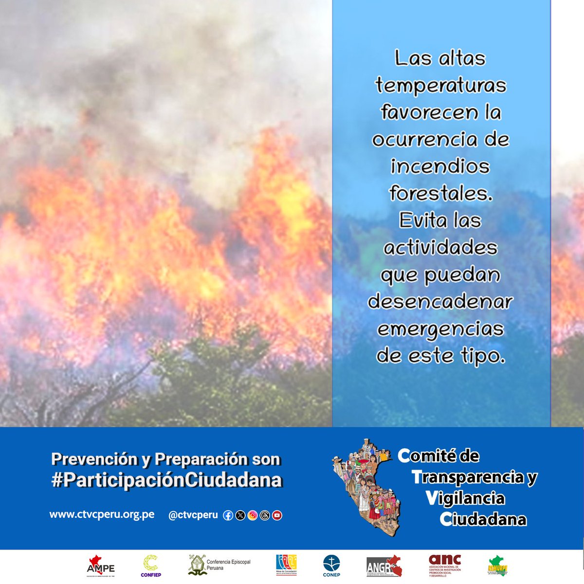 ctvcperu's tweet photo. #CTVCteCuida | Los incendios forestales arrasan bosques, pastizales, cultivos, animales y ponen en grave riesgo la vida. Evita actividades que puedan generarlos y no intentes apagarlos para no salir lastimado.
📍Preparación y Prevención es #ParticipaciónCiudadana https://t.co/4hSamKj1lR