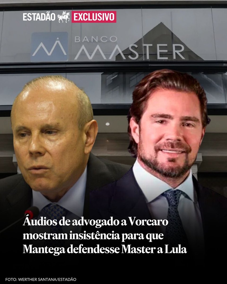 Estadao's tweet photo. EXCLUSIVO 🔴  Daniel Vorcaro buscou presidente para defender interesses do Master, citou que era necessário acionar ‘Alexandre’ e disse que Hugo Motta repassou informações de Galípolo → https://t.co/eyKlj8K7Il

🗒️ Planalto afirmou que Lula só se encontrou uma vez com Vorcaro e negou favorecimento; Moraes e Alcolumbre não se manifestaram e outros citados negaram irregularidades.