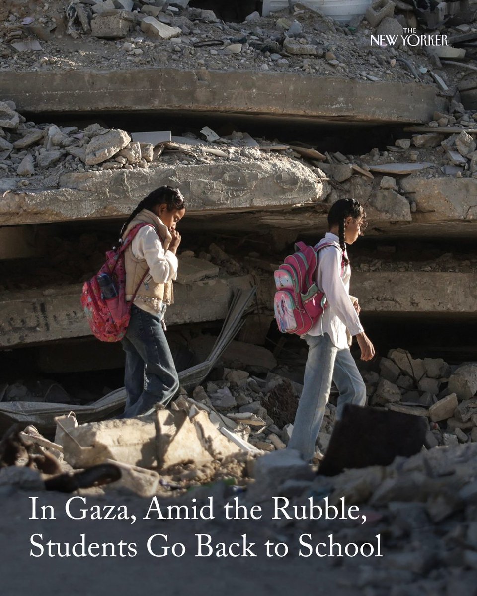 NewYorker's tweet photo. Mosab Abu Toha’s nephews in Gaza study in a big tent surrounded by bombed-out houses. They have no access to chairs or desks, so they sit on the dirt. Students attend school only three days a week, for three hours a day—a total of nine hours. “Three hours, every other day, does not address children’s severe learning loss over the past three years,” Aya, Toha’s elder sister, told him.

“This year is the fourth in a row in which Gaza’s children are being deprived of a fundamental human right,” Toha writes. An independent U.N. commission said in a June, 2026, report that repeated bombardment, displacement, and the collapse of basic services “have severed years of schooling, weakening core skills like reading, mathematics, memory retention, and structured study.” Toha writes about what it’s like for students returning to school in Gaza: https://t.co/qXMqa6AGkr