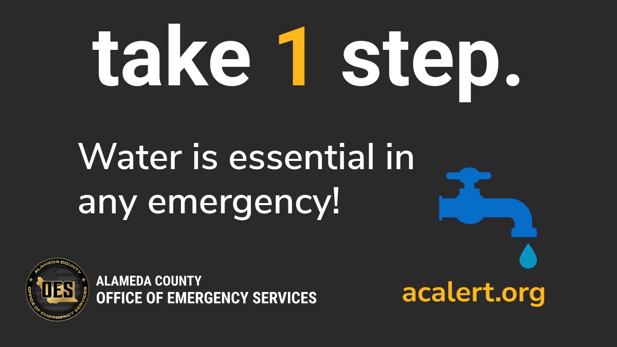 AlamedaCounty's tweet photo. Water is essential in any emergency. Make sure you have enough for your household. Store 3 days of water. https://t.co/CB5bLhgcFL #ReadyTogether #Take1Step #BeReady #Preparedness #StayReady #SafetyPlanning #ACAlert #StayConnected https://t.co/iaxaguMnqR