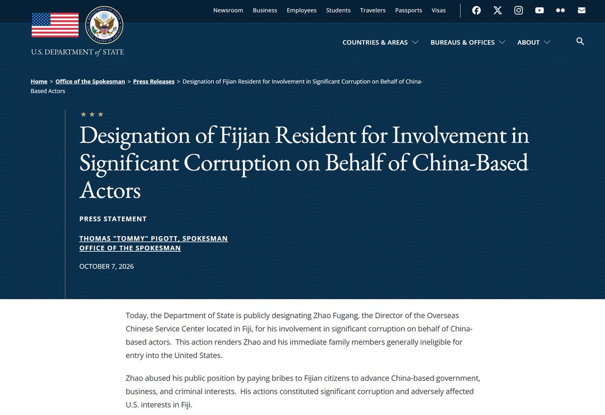 geoff_p_wade's tweet photo. Fiji: Today, the Department of State is publicly designating Zhao Fugang 赵福刚, the Director of the Overseas Chinese Service Center 斐济华助中心 located in Fiji, for his involvement in significant corruption on behalf of China-based actors.  This action renders Zhao and his immediate family members generally ineligible for entry into the United States. https://t.co/rDG8oSuBlN