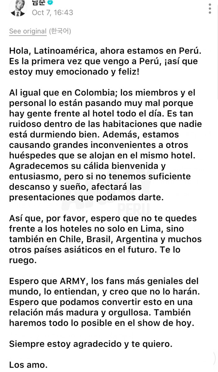 btsarmy_peru's tweet photo. [WEVERSE] @BTS_twt 

Mensaje de NAMJOON en Weverse ante la presencia continua de personas en los hoteles donde se hospedan ☝🏻

*Los miembros siempre han transmitido la importancia de su privacidad y su espacio, así que por favor, no es necesario que un miembro lo comparta siempre. Nosotros sabemos que hacer y debemos RESPETAR.

#BTS_WORLDTOUR_ARİRANG_LIMA 

🌱