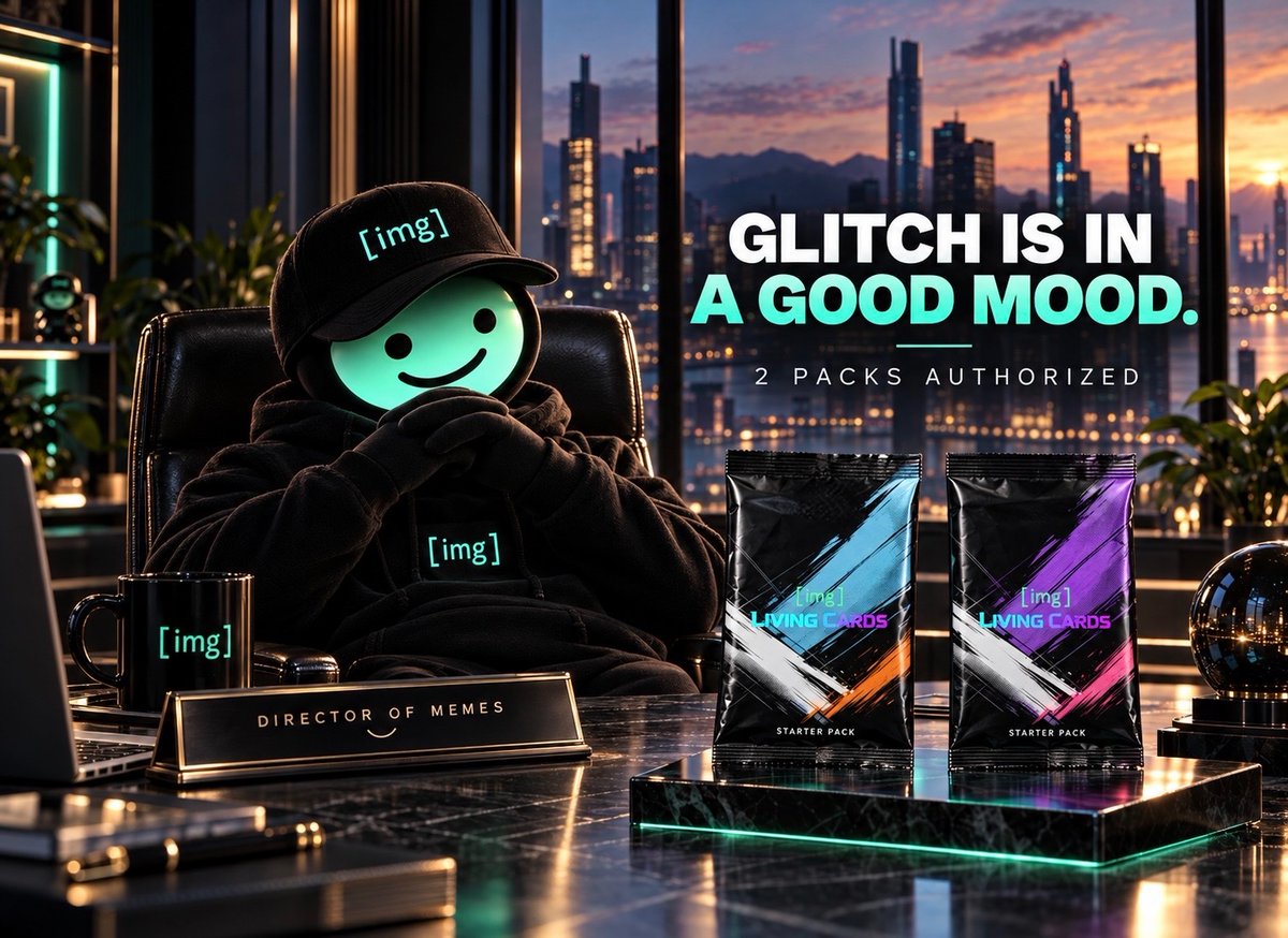 IMGProtocolHQ's tweet photo. Glitch is in a good mood.

So today he’s giving away 2 @IMGLivingCards Standard Packs.

You have 24 hours to enter.

To enter:
• Follow @IMGProtocolHQ + @IMGLivingCards
• Repost this post
• Reply below with your best IMG / Living Cards one-liner or meme

Make Glitch laugh.

2 winners. 1 pack each.