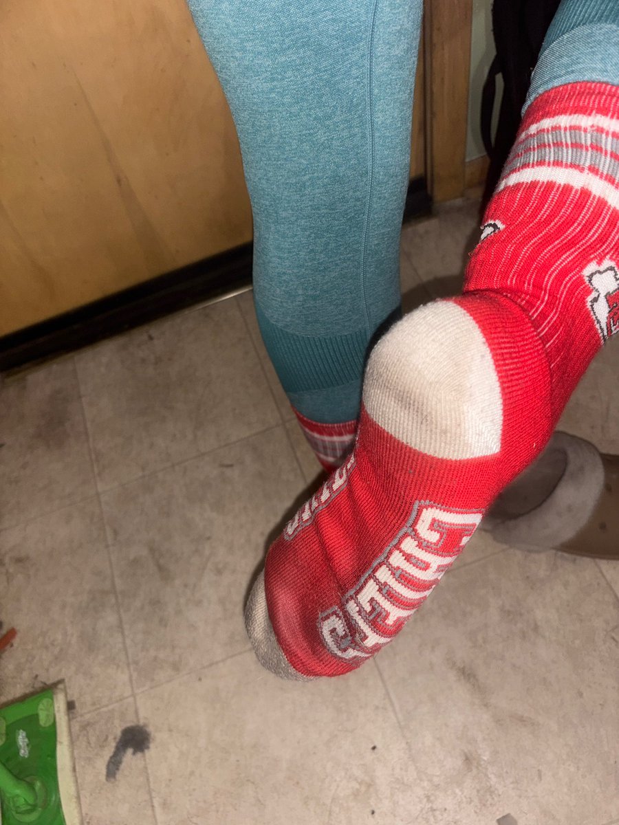 QueenCoCo1122's tweet photo. 11 days of teasing you with these chiefs socks 🧦 and a few more days until they’re off to their new home. Tomorrow my shopping slave is finally being sent his share of Master Princess feet scent too 😏 he got me these socks 2 months ago and oops….they’ve never been washed. https://t.co/v4dpaHtWOC