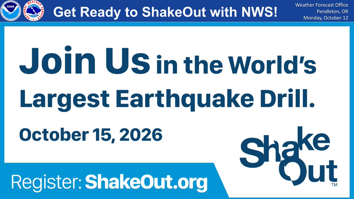 NWSPendleton's tweet photo. Are you ready to ShakeOut with NWS? Earthquake safety is important and you and your loved ones can improve your level of preparedness NOW by registering at https://t.co/iFSC279set for The Great Oregon ShakeOut happening next Thursday, October 15th, 2026 at 10:15am. https://t.co/53fAPDByuN