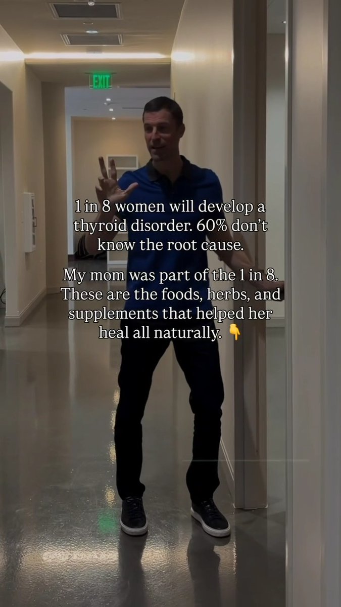 A man stands in a hallway gesturing with his hand, overlaid with text reading: '1 in 8 women will develop a thyroid disorder. 60% don't know the root cause. My mom was part of the 1 in 8. These are the foods, herbs, and supplements that helped her heal all naturally.'