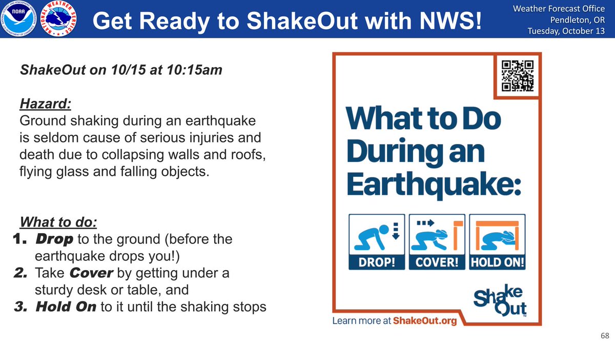 NWSPendleton's tweet photo. An earthquake can strike at any time! Are you prepared? If not, you can register at https://t.co/iFSC279set and practice with million of others in preparation for this Thursday, October 15th! #ShakeOut is only TWO days away. Register now and show off your readiness! https://t.co/E0dk1wrDsx