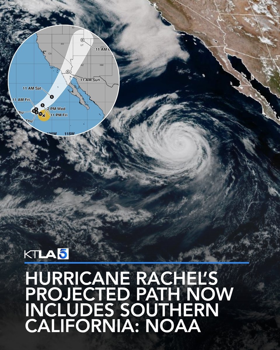 KTLA's tweet photo. While it won’t be a hurricane by the time it reaches California this weekend, Rachel could still present hazards characteristic of a tropical cyclone, including heavy rain, strong winds, big waves and other impacts. https://t.co/CapWTFRgIC https://t.co/j187gjVrI7