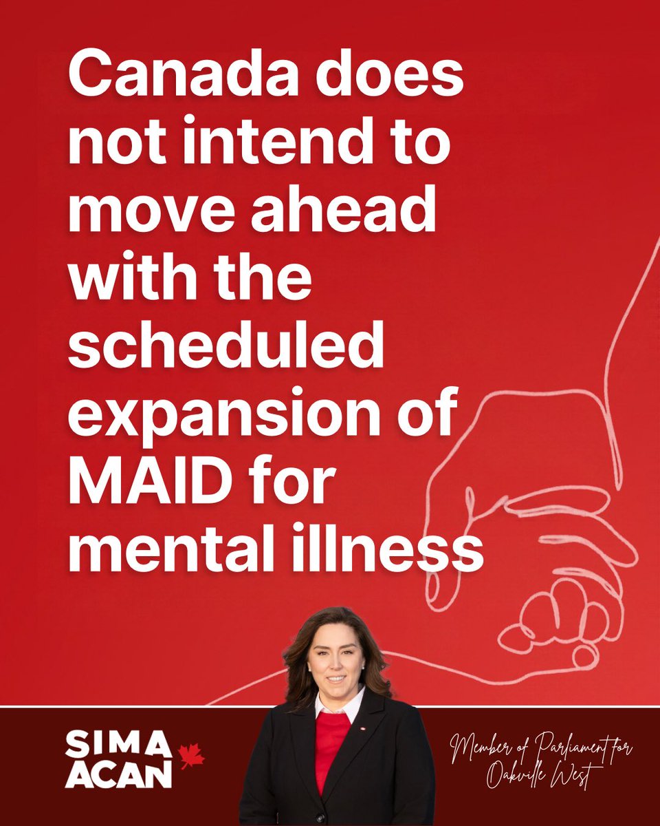 SimaAcan's tweet photo. Canadians deserve compassionate care, dignity, and support when facing serious illness.

Our government intends to introduce legislation this fall to end the planned expansion of medical assistance in dying (MAID) where mental illness is the sole underlying condition, and allow advance requests for adults diagnosed with an incurable illness that is expected to take away their decision-making capacity.

Advance requests would not mean automatic access to MAID. Strict eligibility requirements and strong safeguards would remain essential, alongside access to meaningful treatment and care.

#MAID #medicalcare #ParliamentHill #OakvilleWest