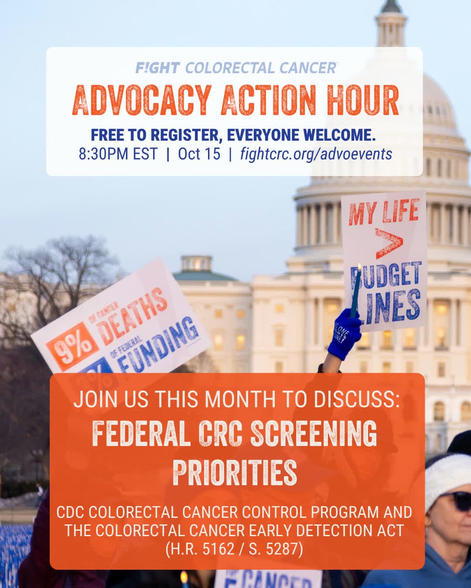 FightCRC's tweet photo. Ready to take action? Join us on October 15 at 8:30PM EST for this month's Advocacy Action Hour! We'll be discussing federal #ColorectalCancer screening priorities, what they mean for the CRC community, and how you can take action. Register now at https://t.co/ATsr5hdFRo https://t.co/Vwsm8zUGb0