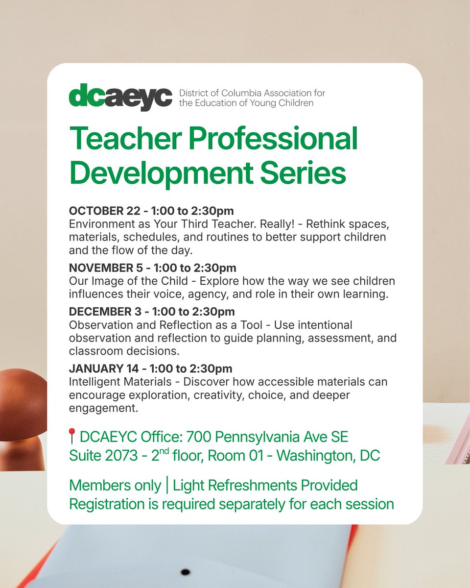 DCAEYC's tweet photo. Our first session is coming up on October 22, and registration is still open. With only 12 spots available per session, we encourage DCAEYC members to secure their places while space remains.

Learn more and register today. Link in bio or visit: https://t.co/CEN8qqtZHr

#DCAEYC https://t.co/MghLw3yLaX